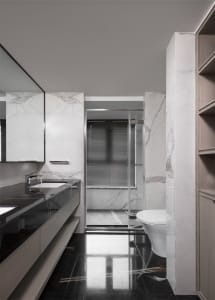 Modern bathroom with marble walls and black tile floor