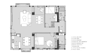 A detailed 2D architectural drawing of a modern residential apartment layout.