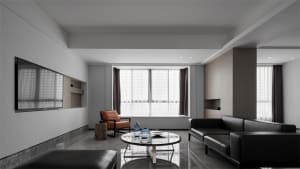Modern living room with a mix of materials including glass, wood, and metal.