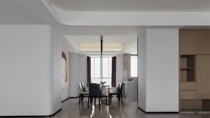 Modern dining room with glass table, wooden chairs, and marble accents