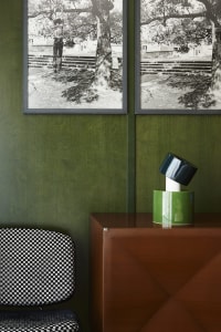 A modern interior design featuring a wooden cabinet and a black and white photograph on a green wall.