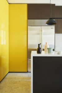 Modern kitchen featuring a yellow metal cabinet, polished wood accents, and ceramic elements.