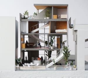 A modern apartment with concrete floors and minimalist design.