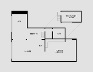 Floor plan of a modern residential interior showcasing a spacious layout with a gym, meditation room, bedroom, bath, lounge, 