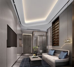 A modern minimalist living room with concrete walls, a white sofa, and a flat-screen TV.