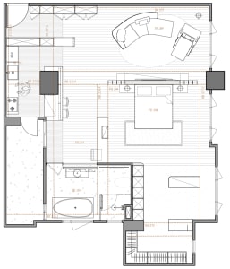 An architectural blueprint of a modern residential floor plan featuring a living room, kitchen, bedroom, and bathroom.
