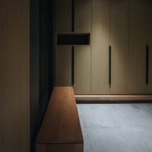 A modern interior design featuring a wooden cabinet with a sleek, minimalist design.