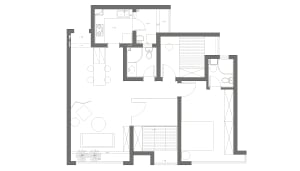 Modern concrete floor plan with living and dining areas