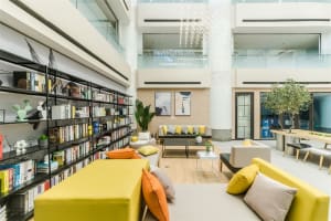 A modern office lounge with a mix of materials, including yellow and orange couches.