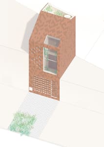 The exterior of a modern brick house with a rooftop garden and large windows.