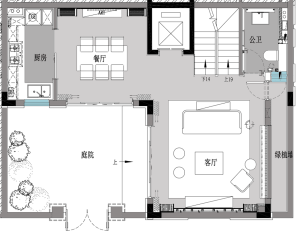 Floor plan of a modern apartment interior with open space and minimalistic design.