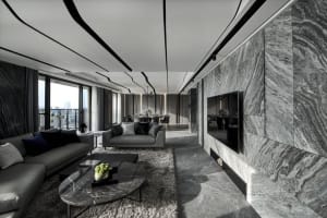 A modern living room featuring a marble wall, ceiling details, and a grey sofa with a marble coffee table.