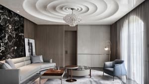 A modern living room featuring marble and leather elements.