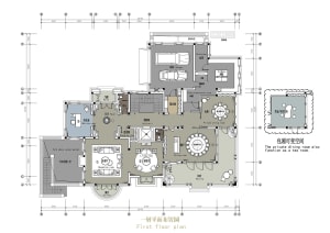 Detailed architectural floor plan of a modern residential home's first floor, featuring various rooms and functional zones.