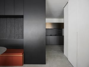 Contemporary kitchen featuring black cabinets, countertops, and a black backsplash.