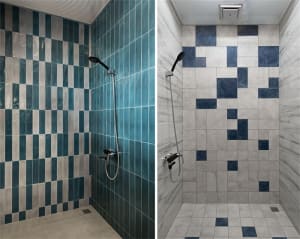Modern blue and gray ceramic tile shower with black fixtures.