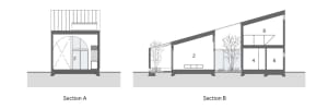 Cross-sectional diagram of a modern house featuring glass and metal materials.