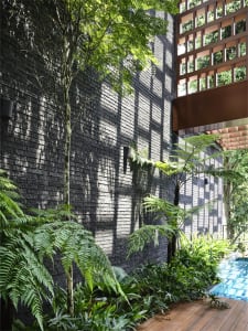 A modern outdoor garden with a black brick wall, green plants, and wooden deck.