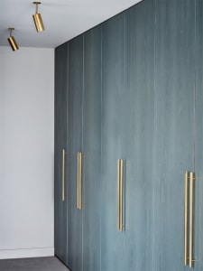 Modern wooden closet with sleek handles and brass fixtures.