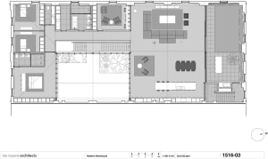 Floor plan of a modern office building with minimalist design, featuring concrete, glass, and wooden elements.