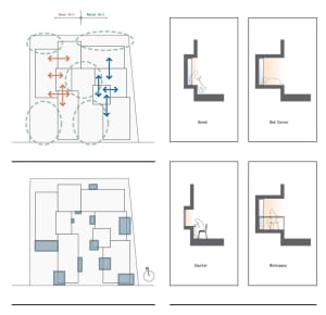 Floor plan of a multi-functional architectural space with detailed blueprints and sections highlighting various design elemen