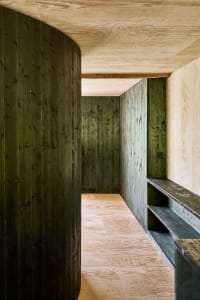 Modern interior design featuring wooden panels on walls and floors.