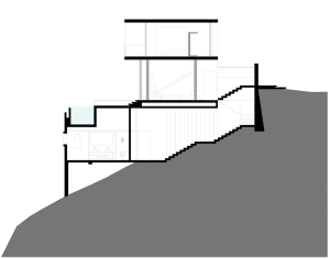 Simplified architectural drawing of a modern concrete staircase with concrete steps and walls.