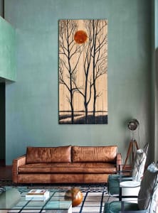 A modern living room featuring a wooden artwork with sun and trees displayed on the wall.