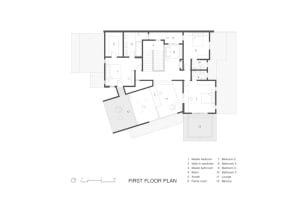 Floor plan of a residential building's first floor with labeled rooms and features.