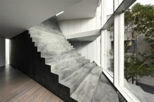 Modern architecture featuring a concrete staircase with a dark wall and glass walls overlooking green trees.