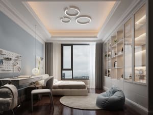 Modern bedroom featuring a bed with mixed materials, a desk, and a chair.