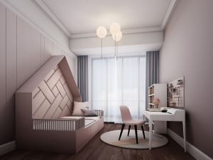 A modern minimalist bedroom featuring a pink bed with a geometric wood panel headboard and a white desk with a pink chair.