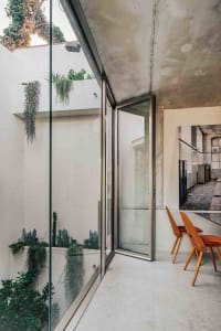 Modern industrial interior featuring concrete walls and glass doors with green plants.