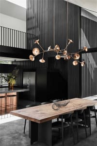 Modern industrial dining space featuring a wooden table and concrete floor.