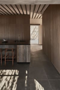 Modern residential kitchen featuring wood and concrete materials.