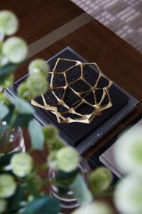 A metallic, geometric, modern decorative object with a star-like shape placed on top of a stack of black books on a wooden su