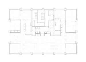 A detailed architectural line drawing of an apartment's floor layout and fixtures.
