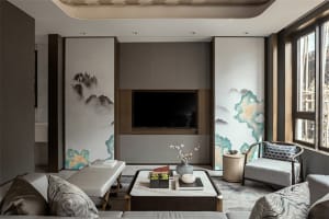 Minimalist living room featuring mixed-media wallpaper with abstract designs.