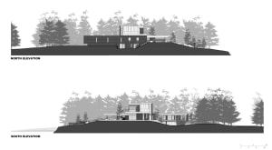 Sectional architectural plan of a modern residential structure featuring glass, concrete, and steel materials.