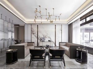 Modern living room with marble accent wall, plush seating, and minimalist decor.