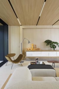 Modern living room featuring wooden surfaces, a fabric sofa, and metal accents.