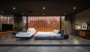 Modern bedroom featuring a wooden paneled bed and white bedding.