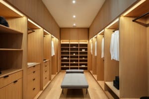 A modern wooden closet with a bench, shelves, and clothing racks.