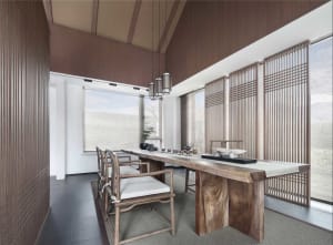 Minimalist interior design featuring a teak wood table, fabric cushioned chairs, and a glass divider with a 3D-rendered geome