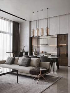 Modern minimalist living room with concrete and glass materials and furniture.