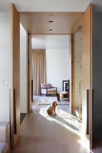 A minimalist residential interior featuring light wooden flooring and furniture, with a dog sitting in sunlight.