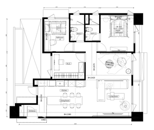 Modern residential floor plan with multiple rooms, including a living room, dining area, kitchen, bathroom, and entryway.
