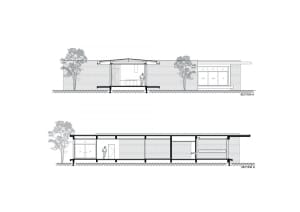 A line drawing depicting the exterior of a modern architectural design featuring brick and concrete materials.