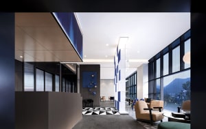 Modern lobby with glass walls and blue-tiled accents