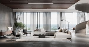Modern minimalist living room with furniture, coffee table, glass wall, and large windows overlooking an outdoor area.
